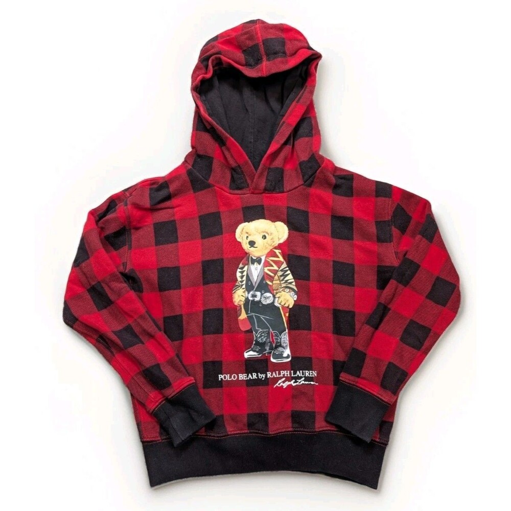 Polo Ralph Lauren Polo Bear Graphic Hoodie Kids SZ Medium 8-10 Red Black Plaid